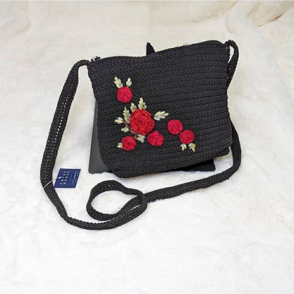 Crazy Horse by Liz Claiborne Women's Rose Handbag Black Size 6"x8" NWT